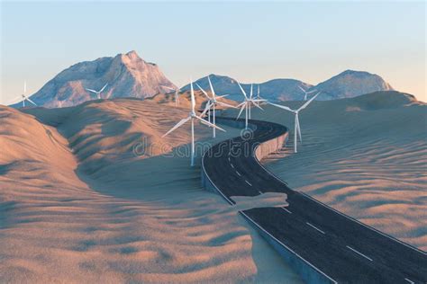 Windmills And Winding Road In The Open 3d Rendering Stock Image
