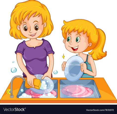 Girl Helping Mom Doing The Dishes Royalty Free Vector Image