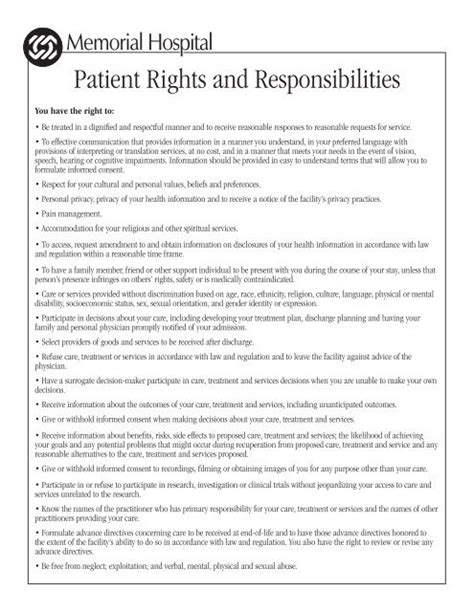 Patient Bill Of Rights English Memorial Hospital