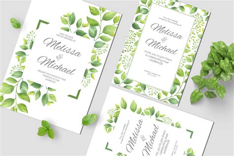 Green Leaves Wedding Invitations Set By Nata Art Graphic Thehungryjpeg