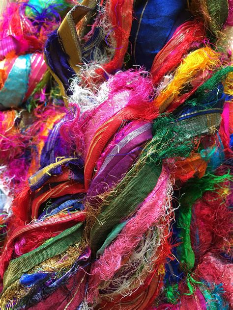 Multicolor Recycled Sari Silk Ribbon Yarn With Metallic Threads Fuzzy