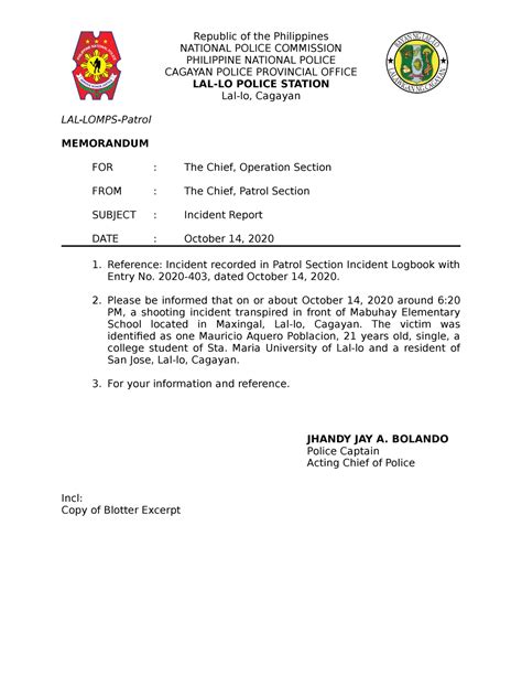 Incident Report Samples Republic Of The Philippines National Police Vrogue