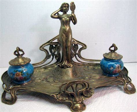 Art Nouveau Encrier Double Femme Au Miroir Etain Et Email Début 1900 Art Nouveau