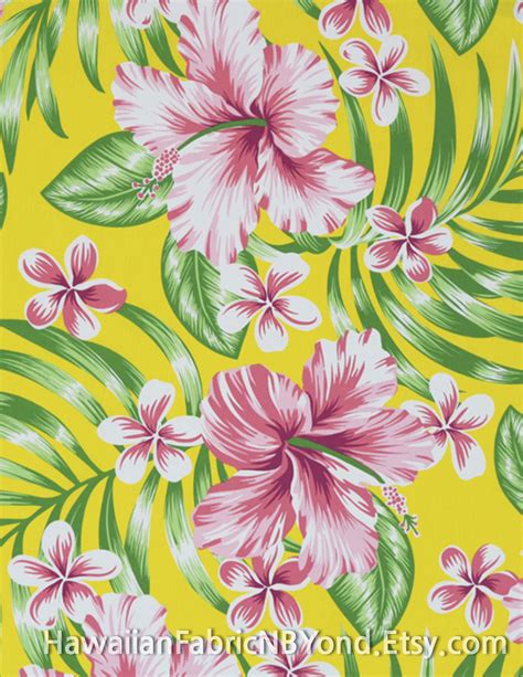 Hawaiian Fabric Hibiscus Plumeria Flowers And Palm Fronds Check It