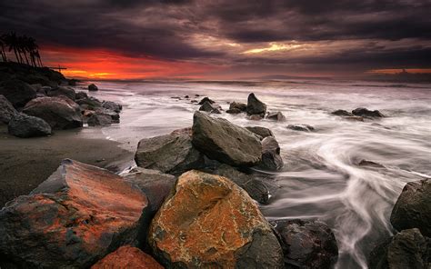 Rocks Stones Ocean Beach Sunset Wallpaper 1920x1200