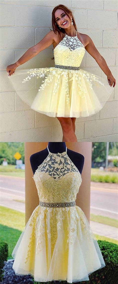 Formal Graduation Party Dresses Yellow Short Homecoming Dresses With Lace 8th Gra Yellow