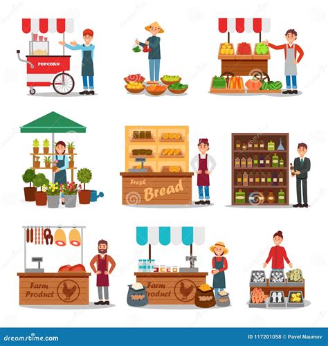 Flat Vector Set Of Street Vendor Selling Various Products Seller Near