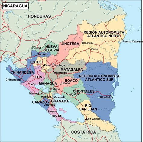 El Mapa Detallado De Nicaragua Con Las Regiones O Estados Y Ciudades