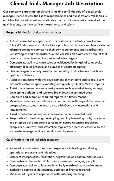 Clinical Trials Manager Job Description Velvet Jobs