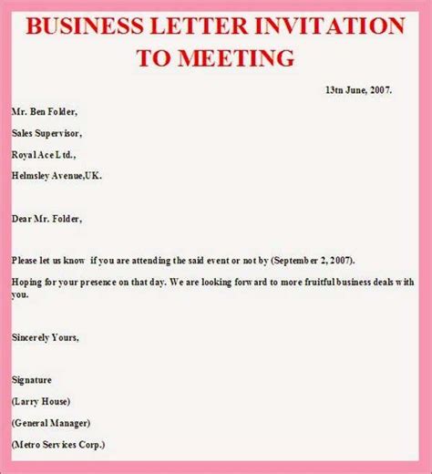 Dublin, ireland, 5 may 2017 letter of support to uk visa application to whom it may concern, hereby we would like to express our support to. Business Meeting Invitation Template Lovely 38 Meeting ...