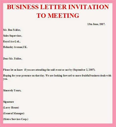 It is a letter written to invite people to a particular event. Business Meeting Invitation Template Lovely 38 Meeting ...