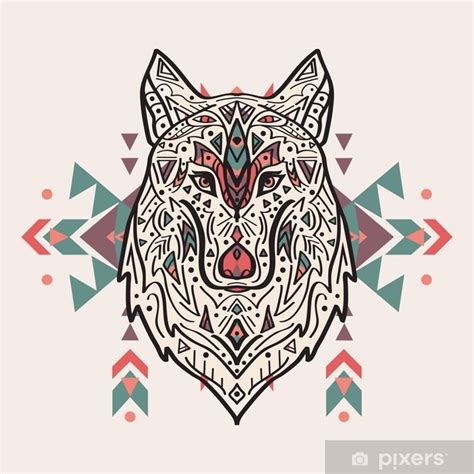 Fotomural Vector colorida ilustración de estilo tribal lobo con adornos étnicos. motivos indios ...