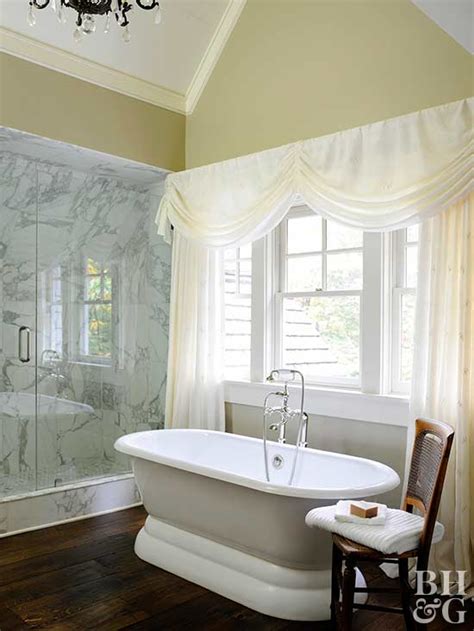 I needed a simple farmhouse window treatment for my bathroom. Bathroom Window Treatment Ideas | Better Homes & Gardens