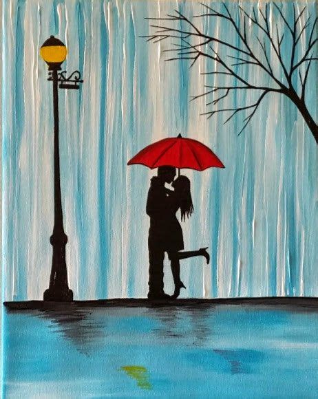 Couple In Rain Painting Couple Kissing In The Rain Wall Art Couple With Red Umbrella Painting