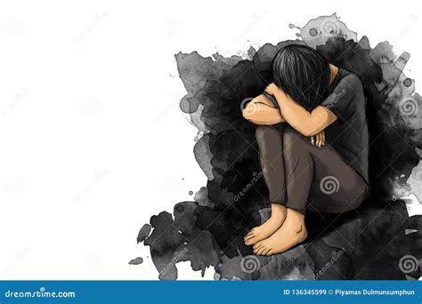 Illustration Of Sad Woman Hug Her Knee And Cry With Copy Space Stock Illustration Illustration