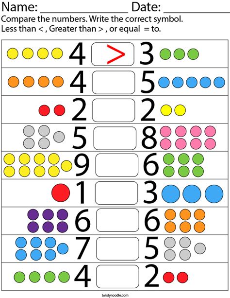 Worksheet Comparing Numbers Kindergarten
