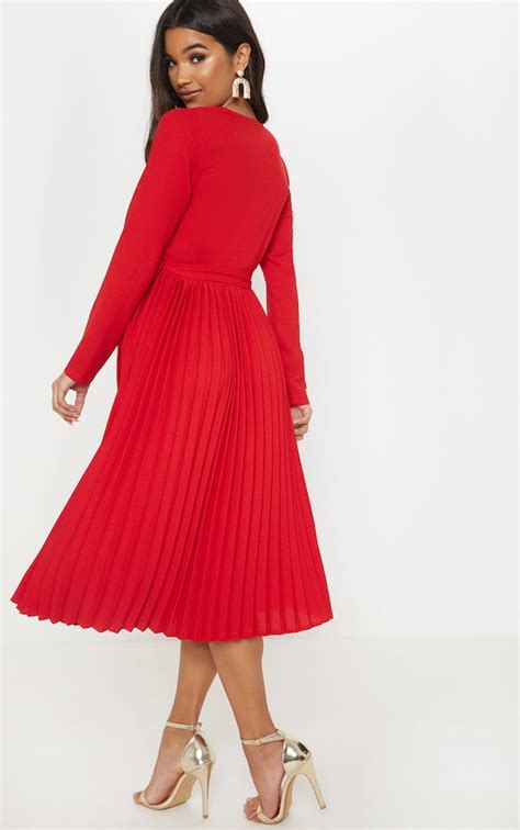 Red Long Sleeve Pleated Midi Dress Dresses Prettylittlething