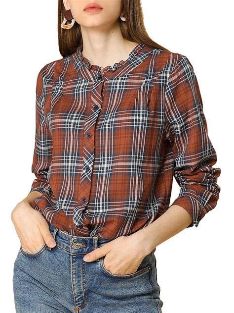 Womens Fall Blouse Long Sleeve Ruffle Neck Plaid Shirt