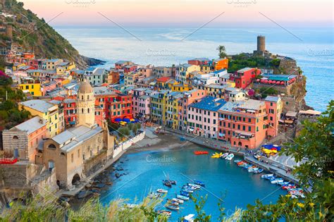 Vernazza At Sunset Liguria Italy Stock Photo Containing Vernazza And