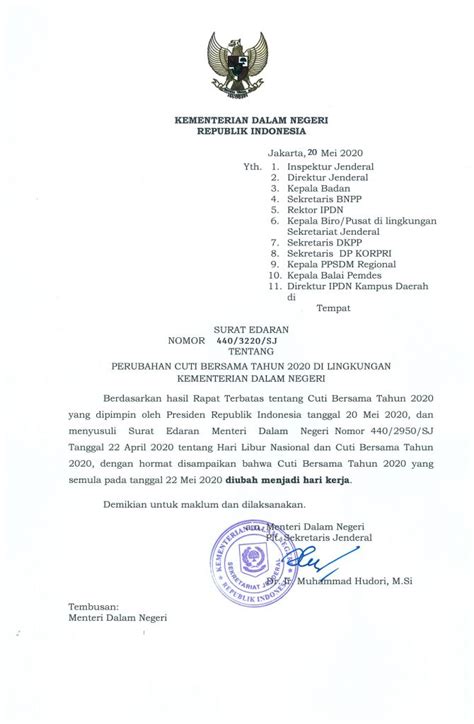 Surat Edaran Perubahan Cuti Bersama 22 Mei 2020 ...