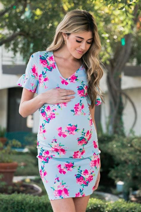 Light Blue Floral Ruffle Sleeve Fitted Maternity Dress Fitted Maternity Dress Maternity