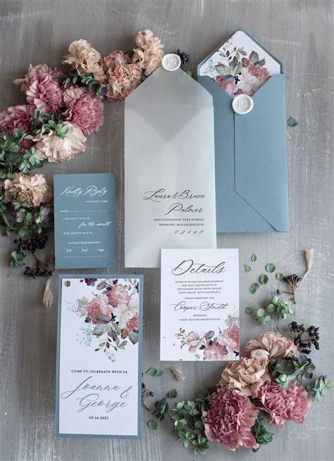 Elegant Dusty Blue Wedding Invitations Modern Floral Wedding Invites