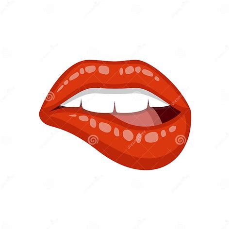 woman`s lip bite one`s lip female lips with red lipstick vector illustration isolated on