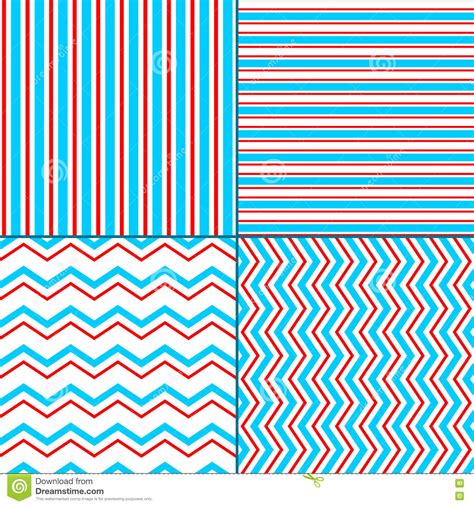 Abstract Geometric Chevron And Stripes Seamless Pattern Set In Blue Red