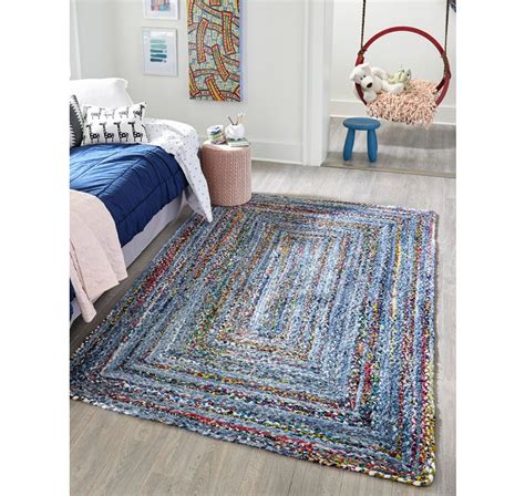 Blue And Multicolor 3 3 X 5 1 Hand Braided Chindi Oval Rug