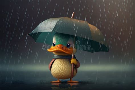 Cute 3d Cartoon Duck Character Holding An Umbrella In The Rain