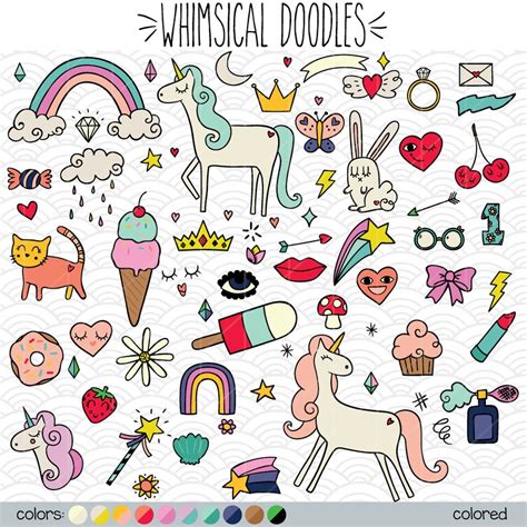 140 Colored Whimsical Doodles Hand Drawn Unicorn And Rainbow Etsy
