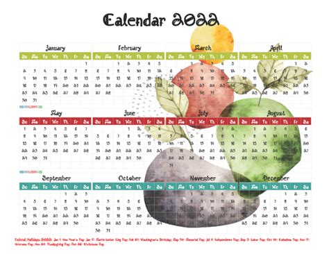 Printable 2022 Calendar With Holidays Free Watercolor Y2746amadeus