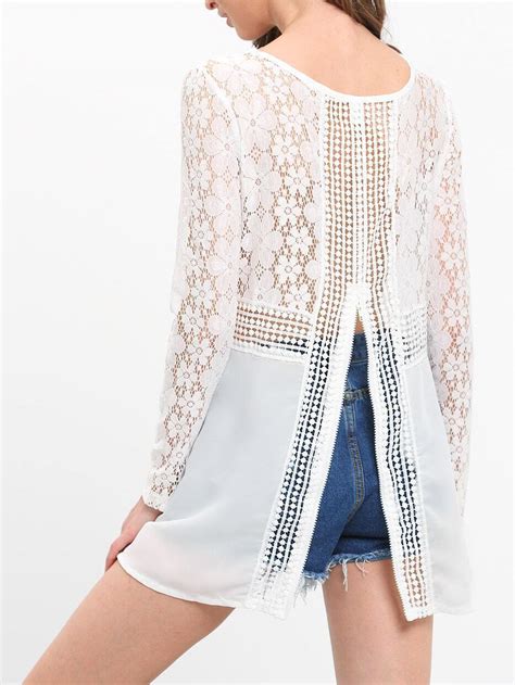 White Long Sleeve Floral Crochet Lace Blouse Sheinsheinside