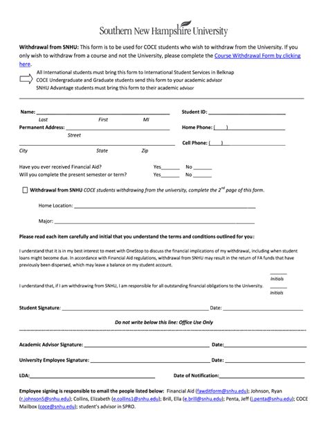 Snhu Withdrawal Fill Online Printable Fillable Blank Pdffiller