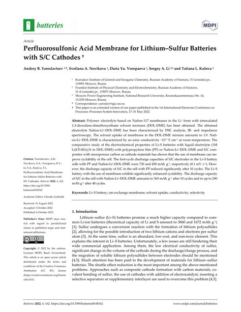 Pdf Perfluorosulfonic Acid Membrane For Lithiumsulfur Batteries With Sc Cathodes