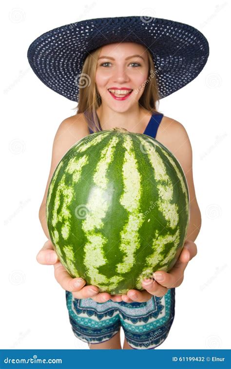 The Woman With Watermelon Isolated On White Stock Photo Image Of
