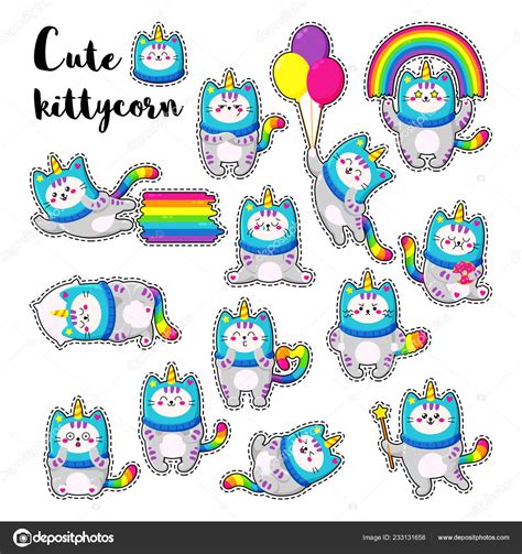 Cute Cartoon Vector Doodle Cats Collection Kitten In A Unicorn Hat