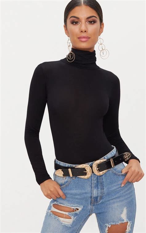 Black Roll Neck Long Sleeve Bodysuit Bodysuit With Sleeves Long