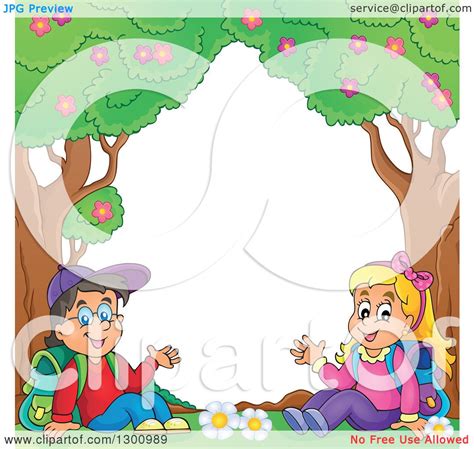 Clipart Of A Cartoon White School Boy And Girl Sitting And