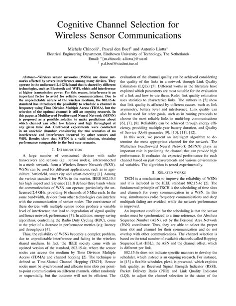 Pdf Cognitive Channel Selection For Wireless Sensor Communications