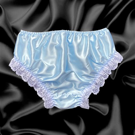 Baby Blue Satin Frilly Lace Sissy Full Cut Panties Briefs Knicker Sizes