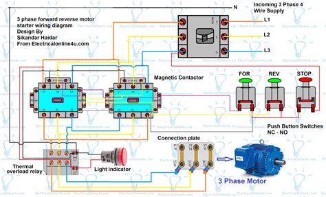 The diagram below will give you a better understanding how this circuit is wired. Forward Reverse Motor Control Diagram For 3 Phase Motor - Electricalonline4u