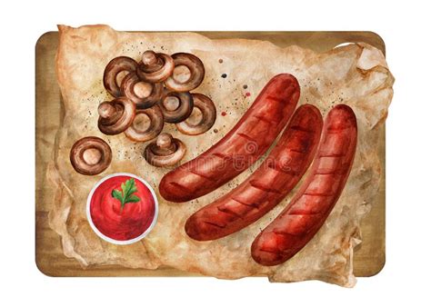Grilled Sausages With Sauce And Mushrooms On Parchment Watercolor