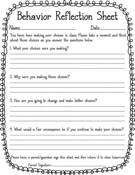 Printable Student Behavior Reflection Sheet