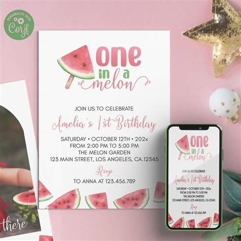 Editable One In A Melon Birthday Invitation Watermelon First Etsy