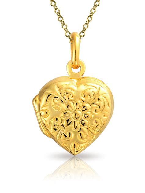 Bling Jewelry Vintage Style Embossed Flower Photo Heart Golden