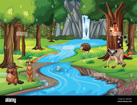 Nature Scene With Stream Flowing Through The Forest With Wild Animals
