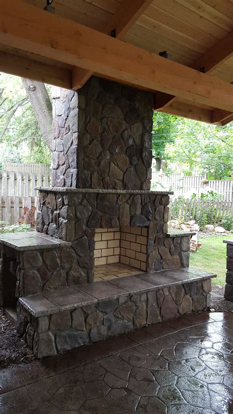 Stone Outdoor Fireplace With Covered Pergola Outdoor Fireplace Patio