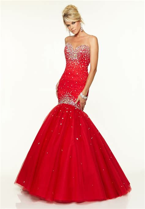 Sweetheart Neckline Strapless Lace Tulle Long Red Mermaid Prom Dress In