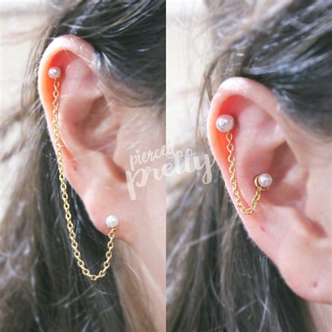 16g Two Hole Pearl Helix To Lobe Chain Earring Ear Cartilage Etsy
